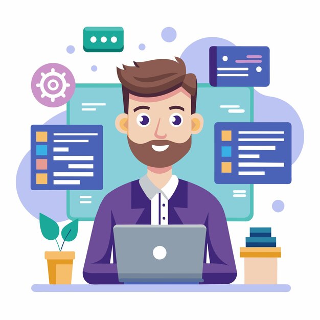 Flat vector illustration of a computer programmer at work