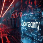 Glowing cybersecurity sign in a dark server room