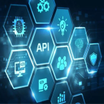 API concept with hexagonal technology icons on a blue background